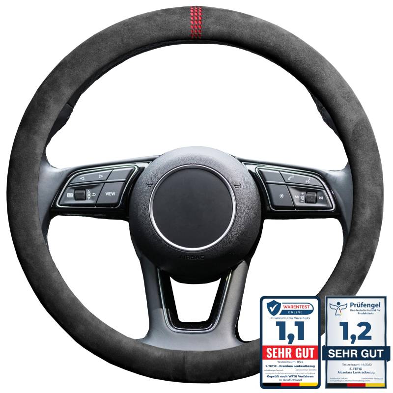 S-TETIC® Premium Lenkradbezug aus Alcantara | Racing Red Edition | Universalgröße 36-38 cm | Lenkradcover | für Sommer und Winter von S- TETIC
