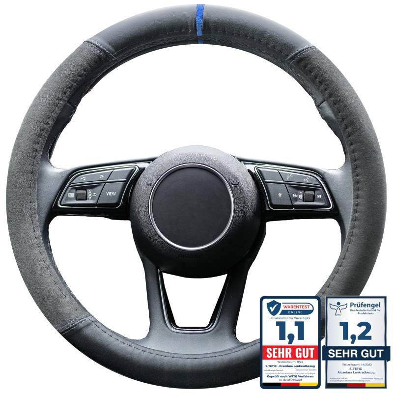 S-TETIC® Premium Lenkradbezug aus Alcantara + Nappaleder | Blaue 12-Uhr Markierung | Universalgröße 36-38 cm | Lenkradcover | Sommer und Winter von S- TETIC
