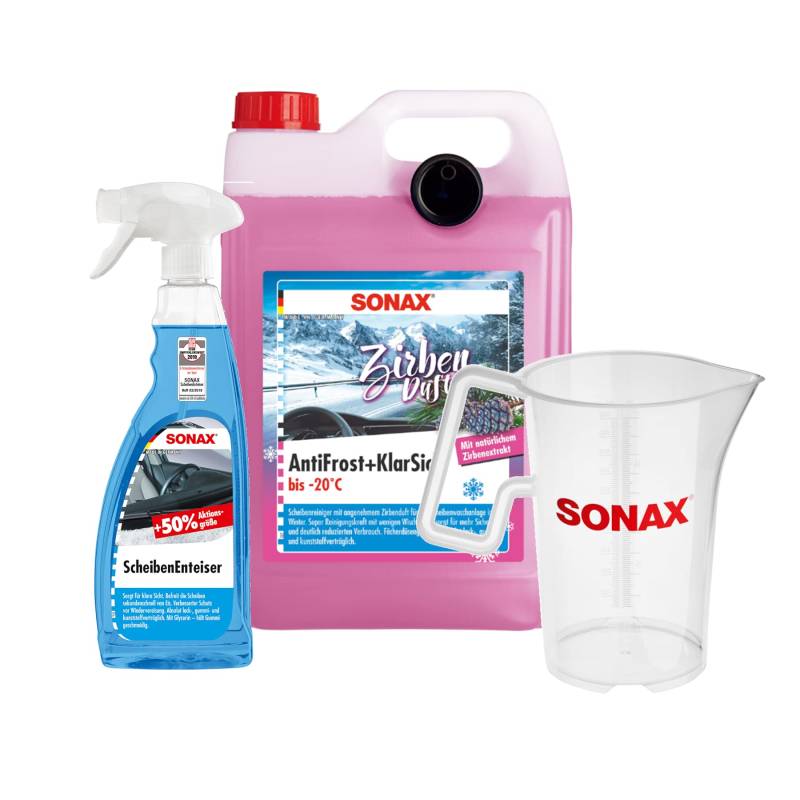SONAX Winter Edition Zirbeduft gebrauchsf. AntiFrost+KlarSicht bis -20 °C, ScheibenEnteiser 750ml Flasche und exklusiver 1L Messbächer für schnellere & schlierenfreie Scheibenreinigung von S0NAX