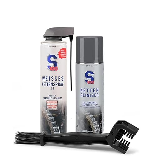 S100 Weißes Kettenspray 2.0 Kettenreiniger mit Gratis Kettenbürste - Hochwertiger Korrosionsschutz & Lange Schmierung für Motorradketten von S100