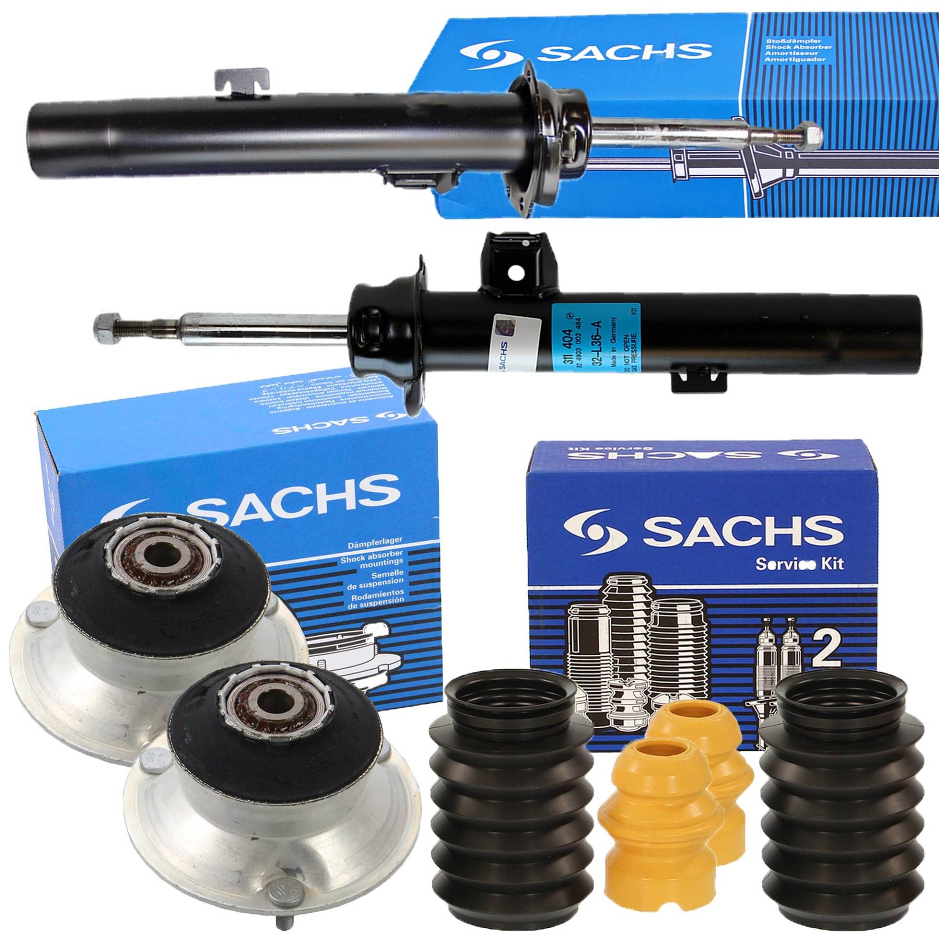 2x SACHS Stoßdämpfer Dämpfer Federbein +SACHS Domlager Federbeinlager +SACHS Staubschutz-Satz vorne Vorderachse von SACHS