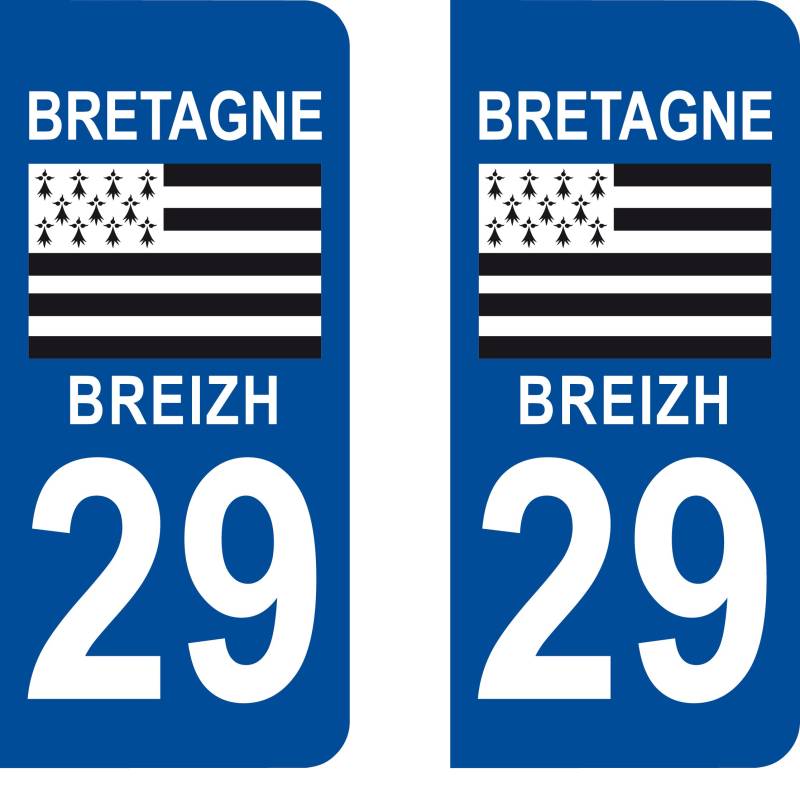 Aufkleber, 2 Stück, 29 Bretagne (mit französischer Aufschrift) für Nummernschild, Auto 29, abgerundete Ecken von SAFIRMES