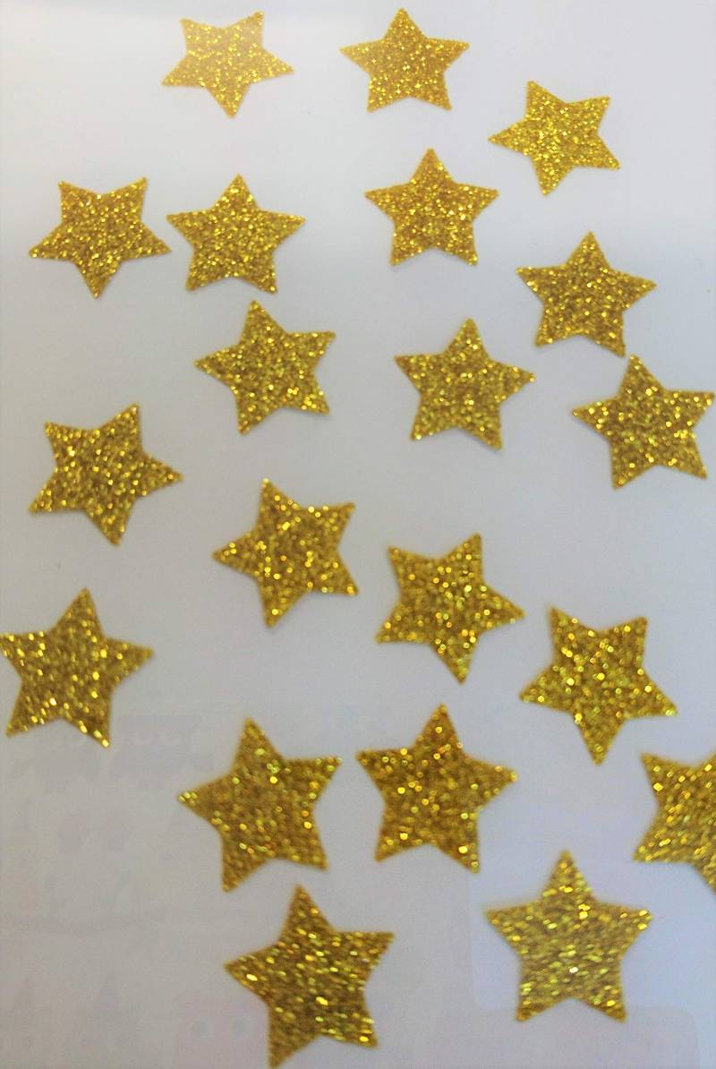 SAFIRMES 20 goldene Sterne, Hotfix-Aufnäher, zum Aufbügeln, Glitter, Gold, 1,5 cm, Bling von SAFIRMES