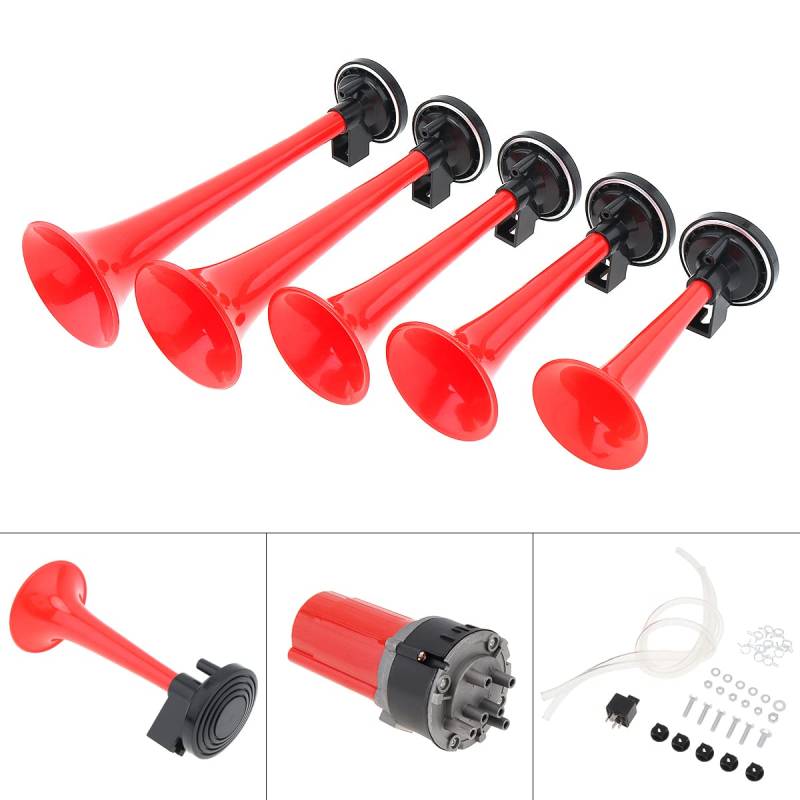 Luftbetriebene Hupe, 125 dB, 12 V, 5 Silber/Schwarz/Rot, Dixie, Auto-Trompete, Lufthupen, DIXIE, Musikalische Lufthupe, Dukes of Hazzard, General Lee für Auto, LKW, Boot (Farbe: rote Trompete) von SAITOM