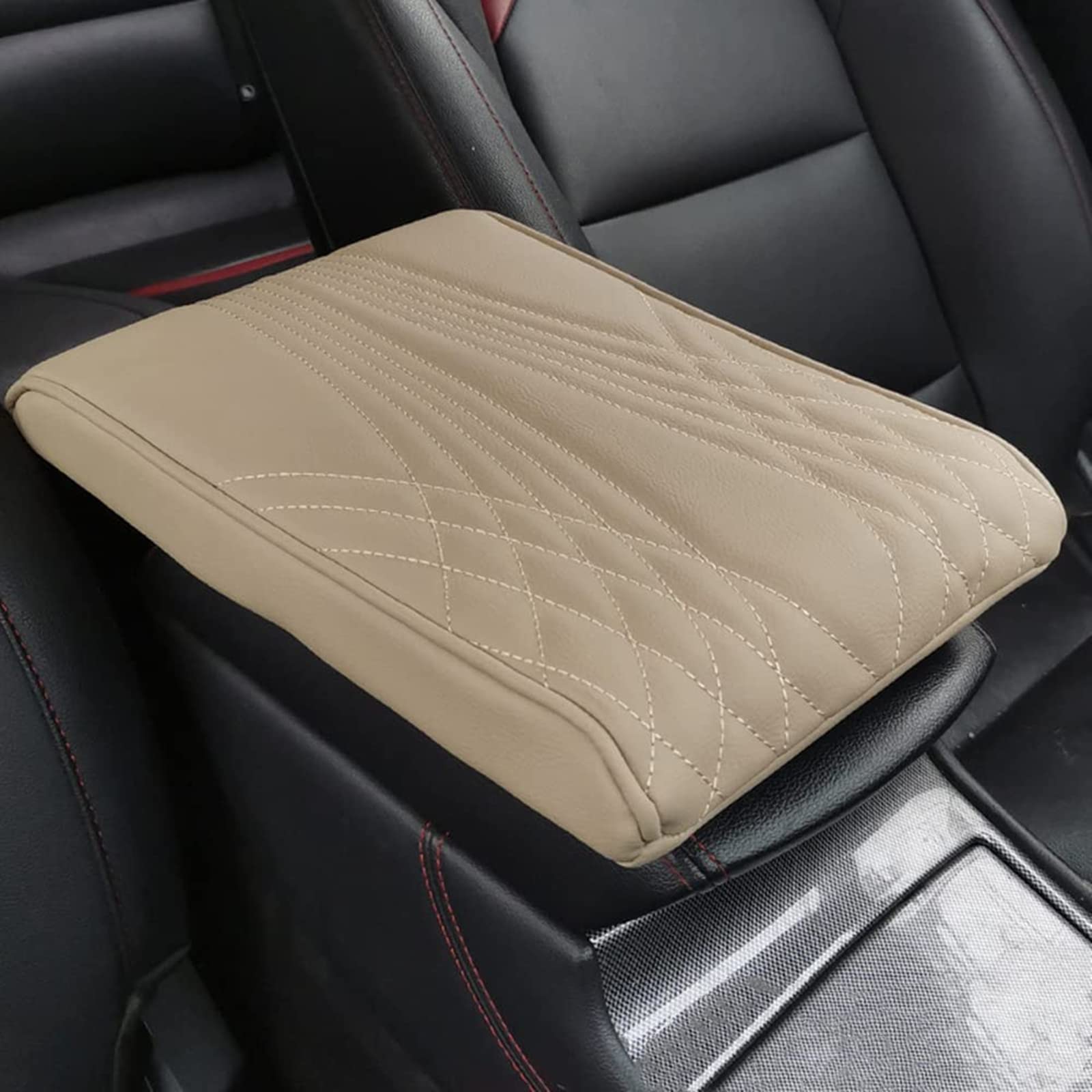 SALUCIA Leather Car Armrest Box Pad, 2023 Auto Center Konsole Abdeckung für Armlehne Box Matte, Memory Foam Leder Armlehne Abdeckung für Auto, SUV/LKW/Fahrzeug Armlehne Matte (A, Beige) von SALUCIA