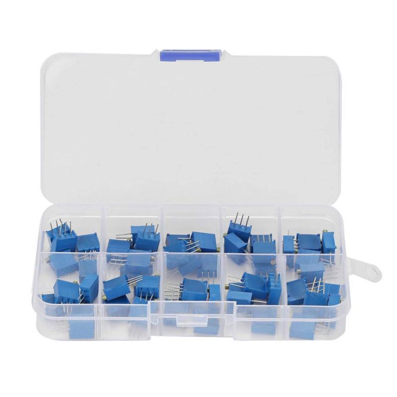 50 Stück blaues Multiturn-Trimmpotentiometer mit variablem Widerstand Multiturn-Trimmpotentiometer-Kombinationskit, 3296W 10 Arten von Trimmen, verwendet in elektronischen Bauprojekten von SALUTUYA