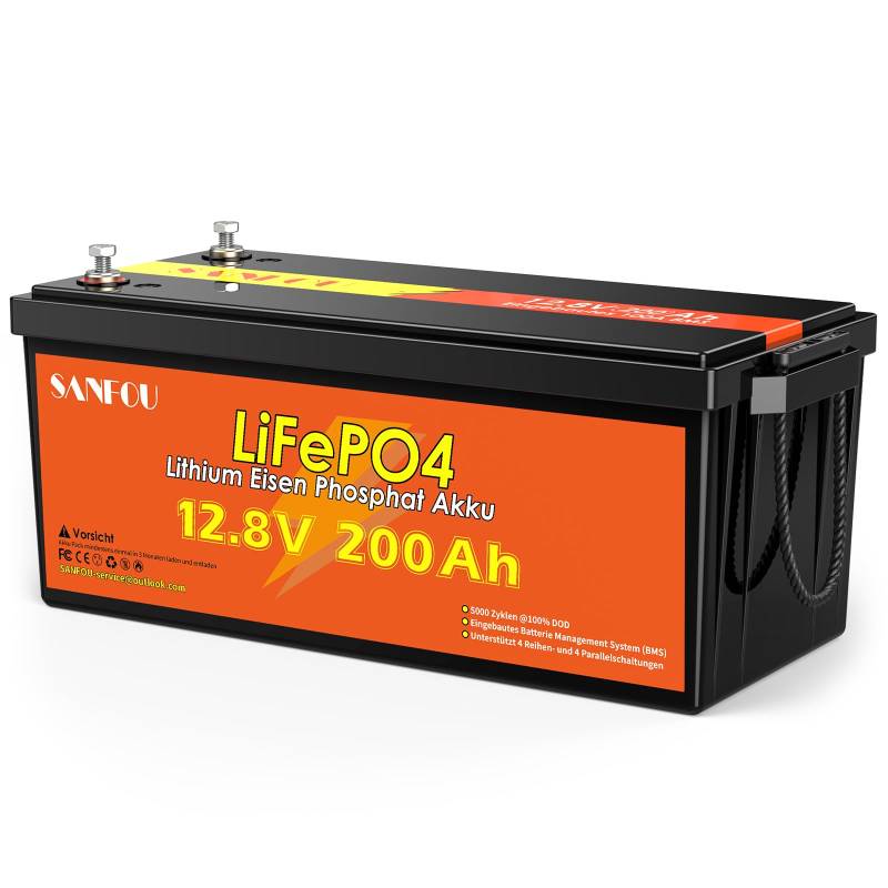 SANFOU 12,8V 200 Ah LiFePO4 Batterie, 2560Wh Lithium Akku mit 100A BMS, 5000-15000 Mal Deep Cycle Batterien, Unterstützung 4S4P, perfekt als Stromquelle für Wohnmobile Camping von SANFOU