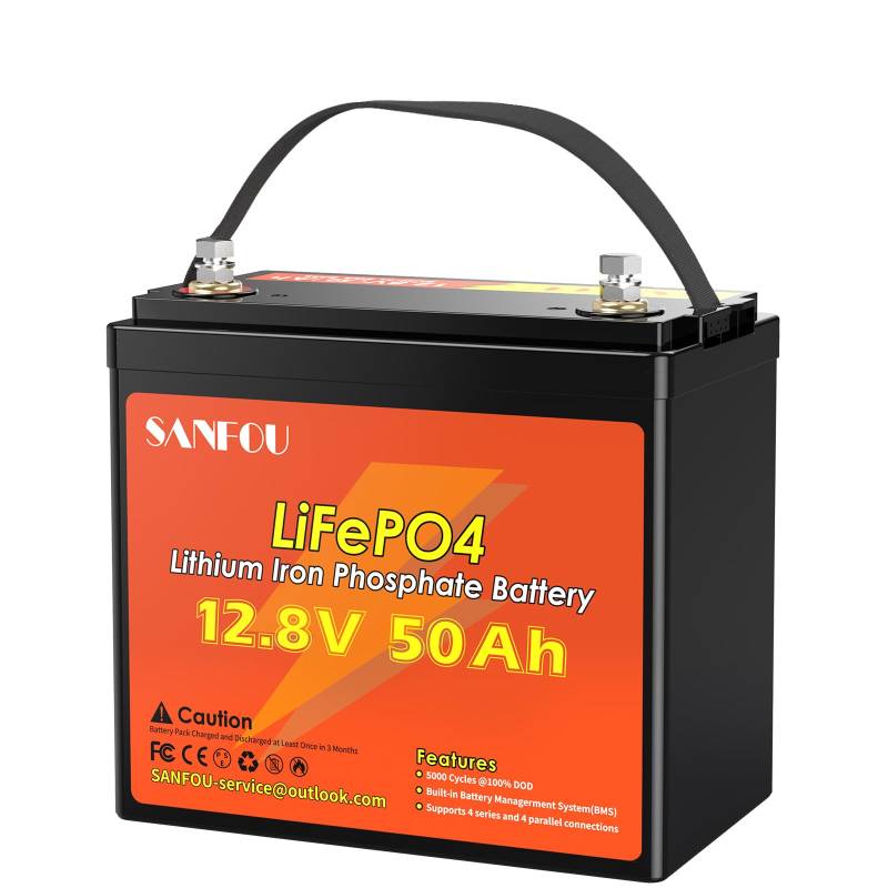SANFOU 12,8V 50 Ah LiFePO4 Batterie, 640Wh Lithium Akku mit 50A BMS, 5000-15000 Mal Deep Cycle Batterien, Unterstützung 4S4P, perfekt als Stromquelle für Wohnmobile Camping von SANFOU