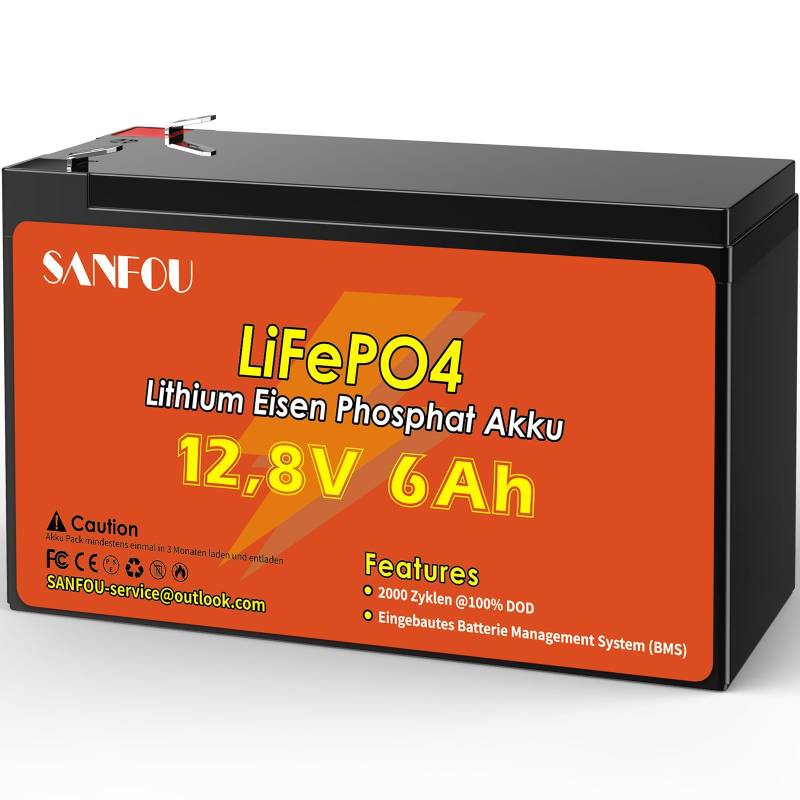 SANFOU 12,8V 6 Ah LiFePO4 Batterie, 76,8 Lithium Akku, 2000 Mal Deep Cycle Batterien, Perfekt für Elektrowerkzeuge und Boote von SANFOU