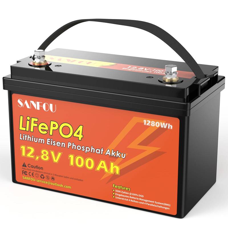 SANFOU 12V 100 Ah LiFePO4 Batterie, 1280Wh Lithium Akku mit 100A BMS, 5000-15000 Mal Autobatterien, Unterstützung 4S4P, perfekt als Stromquelle für Wohnmobile Camping von SANFOU