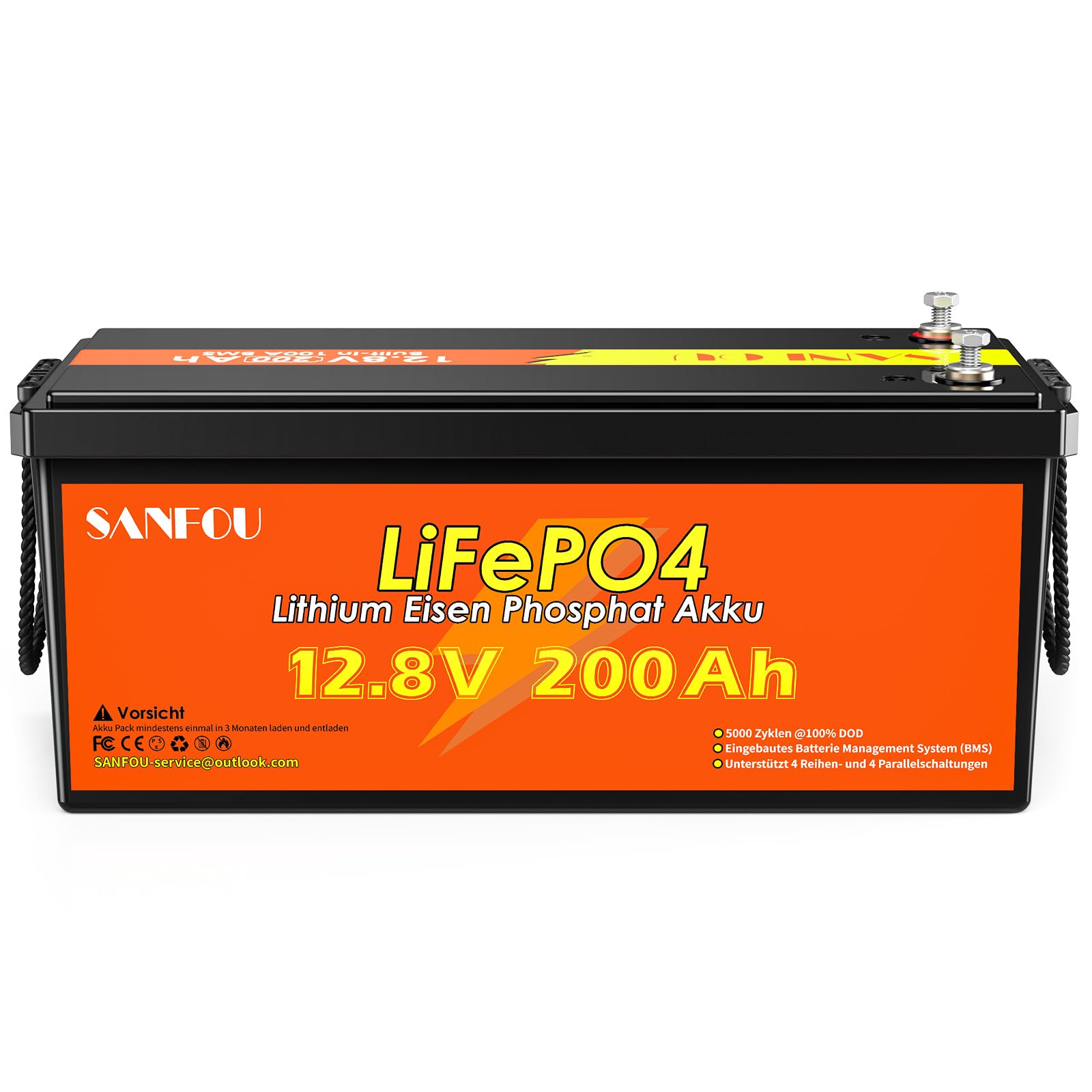 SANFOU 12V 200 Ah LiFePO4 Batterie, 2560Wh Lithium Akku mit 100A BMS, 5000-15000 Mal Deep Cycle Batterien, Unterstützung 4S4P, perfekt als Stromquelle für Wohnmobile Camping von SANFOU