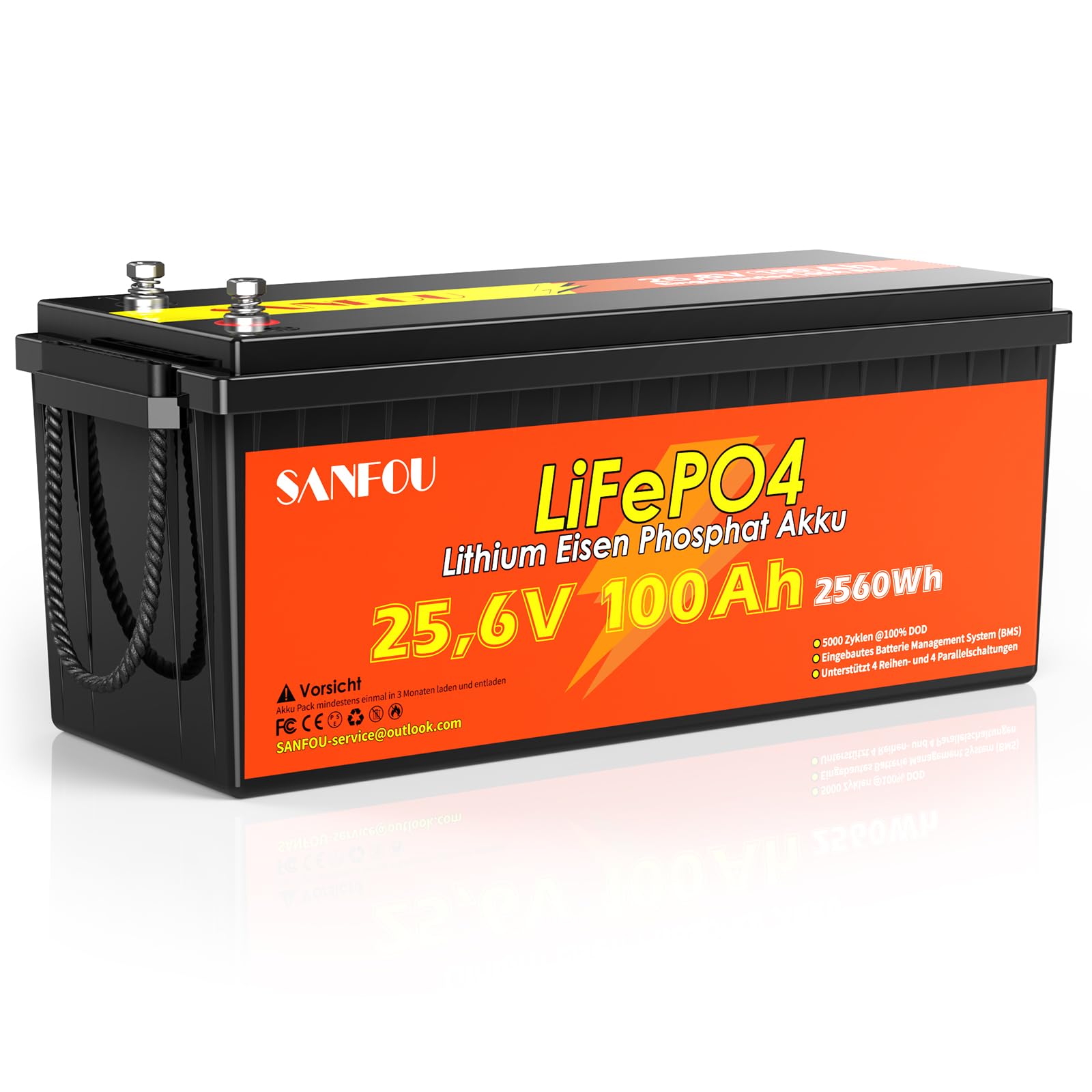 SANFOU 25.6V 100Ah LiFePO4 Batterie, Lithium Batterie Built-in 100A BMS, 2560Wh Deep Cycle Power, 5000+ Zyklen Akku für Wohnmobil, Wohnwagen, Anhänger und Solar Off-Grid System. von SANFOU