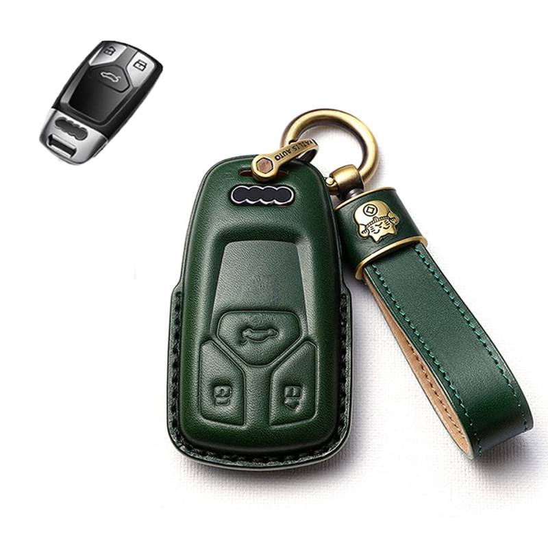 SANRILY Leder Schlüsselanhänger Schutzhülle für Audi A4 Q7 Q5 TT A3 A6 SQ5 R8 S5 Keyless Entry Smart Remote Key Cover Hülle mit Glückskatze Schlüsselanhänger Grün von SANRILY
