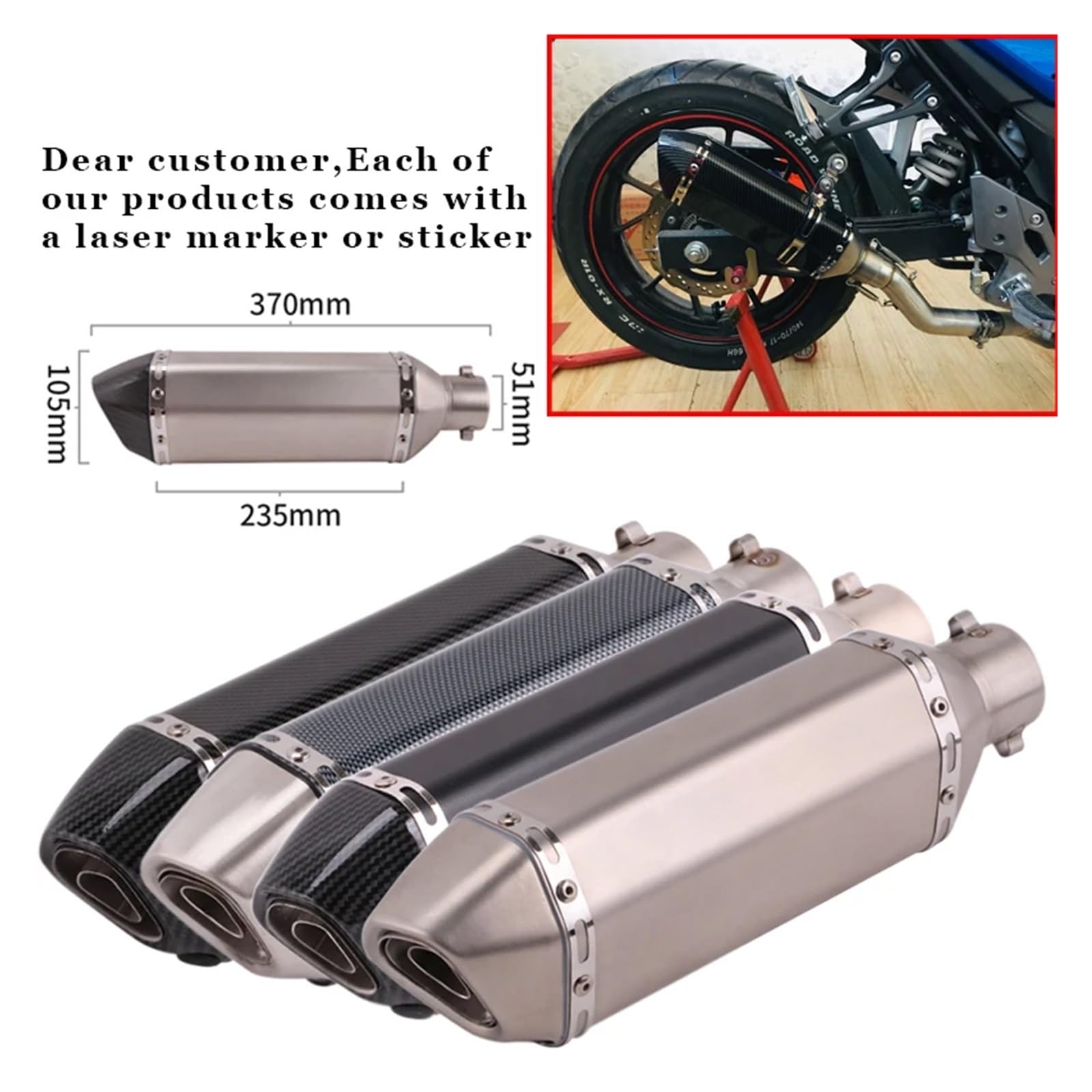 CHmotor Carbon Fiber Motorrad Auspuff Schalldämpfer Rohr 250cc 350cc 600cc Escape Moto Rohr for Nmax Tmax530 Msx125 GSR600(Lightblue) von SAPIIKEF