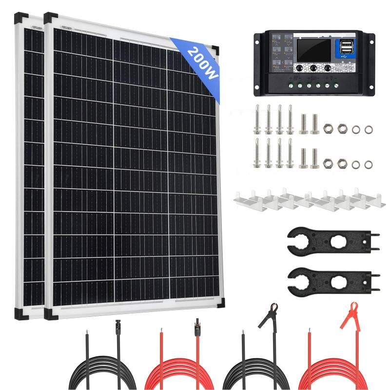 200W Solarpanel Kit 12V Solarmodul Hocheffiziente Monokristalline PV-Module mit 30A Laderegler, Solarkabel, Solarschlüssel und "Z"-Halterungen für Wohnmobil, Schuppen, Wohnwagen, Wohnmobil, Camping von SARONIC