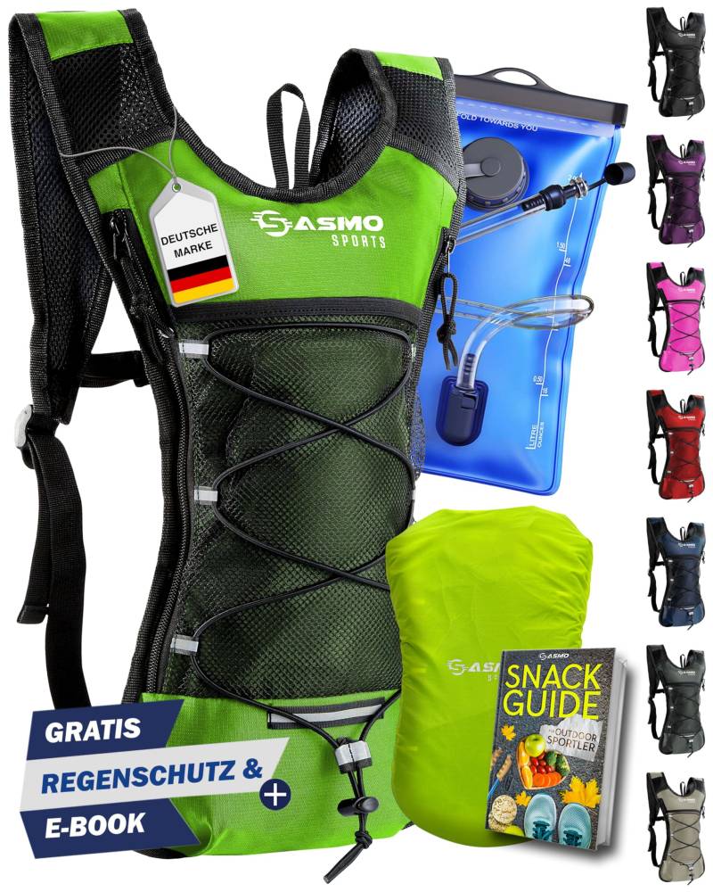 SASMO® Trinkrucksack (Grün) mit Thermofach | Trinkrucksack Laufen - Ultraleicht 300g & 6L | Laufrucksack mit Trinkblase 2l, BPA-Frei | Rucksack mit Trinkblase & Reflektoren | Laufen, Fahrradfahren von SASMO Sports