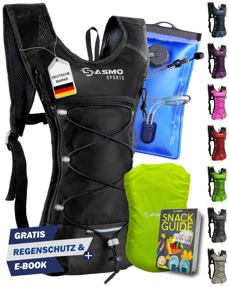 SASMO® Trinkrucksack (Schwarz) mit Thermofach | Trinkrucksack Laufen - Ultraleicht 300g & 6L | Laufrucksack mit Trinkblase 2l, BPA-Frei | Rucksack mit Trinkblase & Reflektoren | Laufen, Fahrradfahren von SASMO Sports