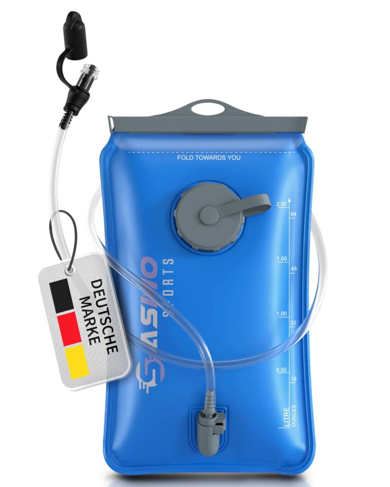 SASMO Sports® Trinkblase 2l mit 2 Öffnungen | materialverstärkte,reißfeste Trinkblase | Trinksystem für Rucksack mit Trinkschlauch, extralang - 100cm | für Wandern & Outdoorsport von SASMO Sports