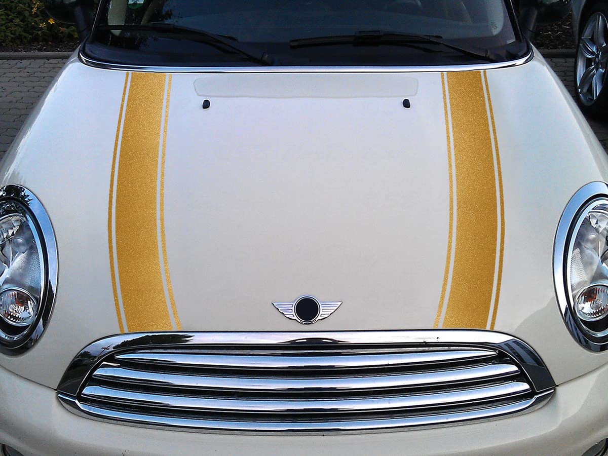 Streifen Stripes Aufkleber Motorhaube für R55 R56 R57 R58 R59 Mini Cooper One Works Jack (Gold metallic, Design 2) von SB CarDesign