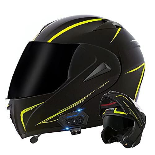 Motorrad Klapphelm Bluetooth Integralhelm Motorradhelm Matt Schwarz Gelb Modularer Erwachsener Crash-Helm für City Pendler Doppelvisiere Anti-Fog-Linse ECE/DOT-Zertifiziert (B,M(57~58 cm)) von SBTU