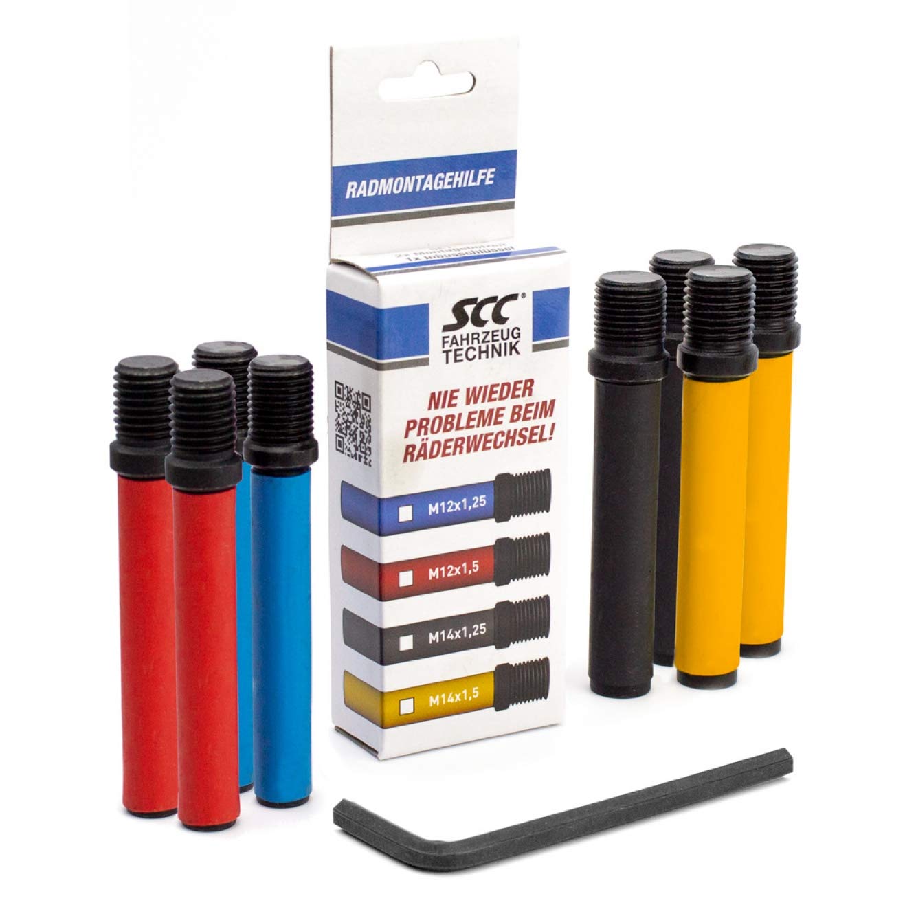 SCC Fahrzeugtechnik Radmontagehilfe Montagebolzen Werkzeug Radwechsel Reifenwechsel (M12x1,25 + M12x1,5 + M14x1,25 + M14x1,5) von SCC Fahrzeugtechnik