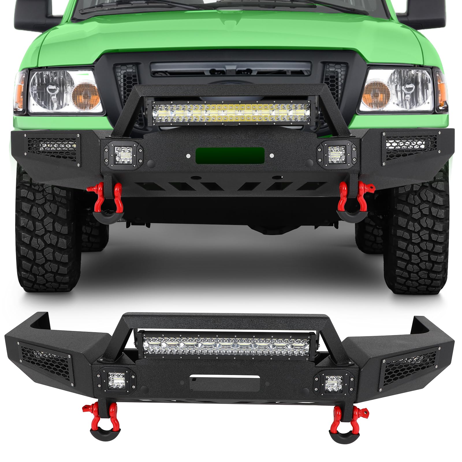 SCITOO Frontstoßstange, passend für Ford Ranger, 1998–2011, Textur, schwarz, robuste Stahl-Stoßstangenwindenplatte und mit D-Ring-LED-Lichtern von SCITOO