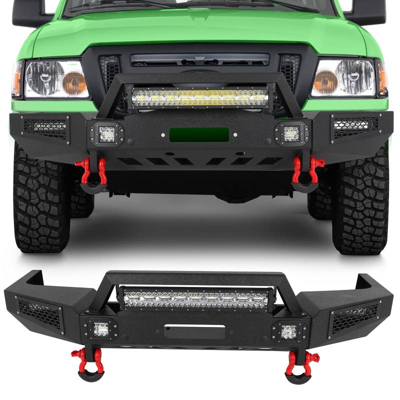 SCITOO Frontstoßstange, passend für Ford Ranger, 1998–2011, Textur, schwarz, robuste Stahl-Stoßstangenwindenplatte und mit D-Ring-LED-Lichtern von SCITOO