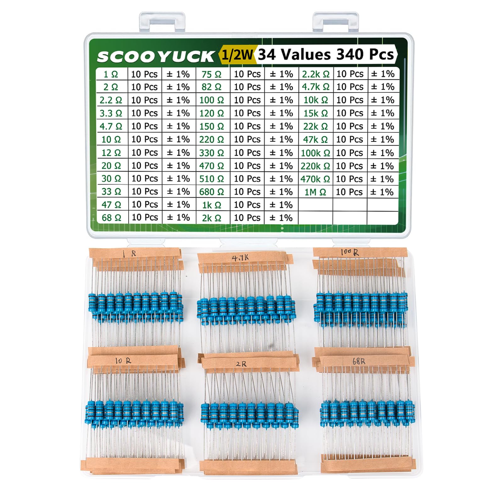 SCOOYUCK Widerstand Sortiment 1/2W 1 ohm bis 1M ohm 34 Werte 340 Stück Widerstände Kit ± 1% Toleranz Widerstand Set von SCOOYUCK