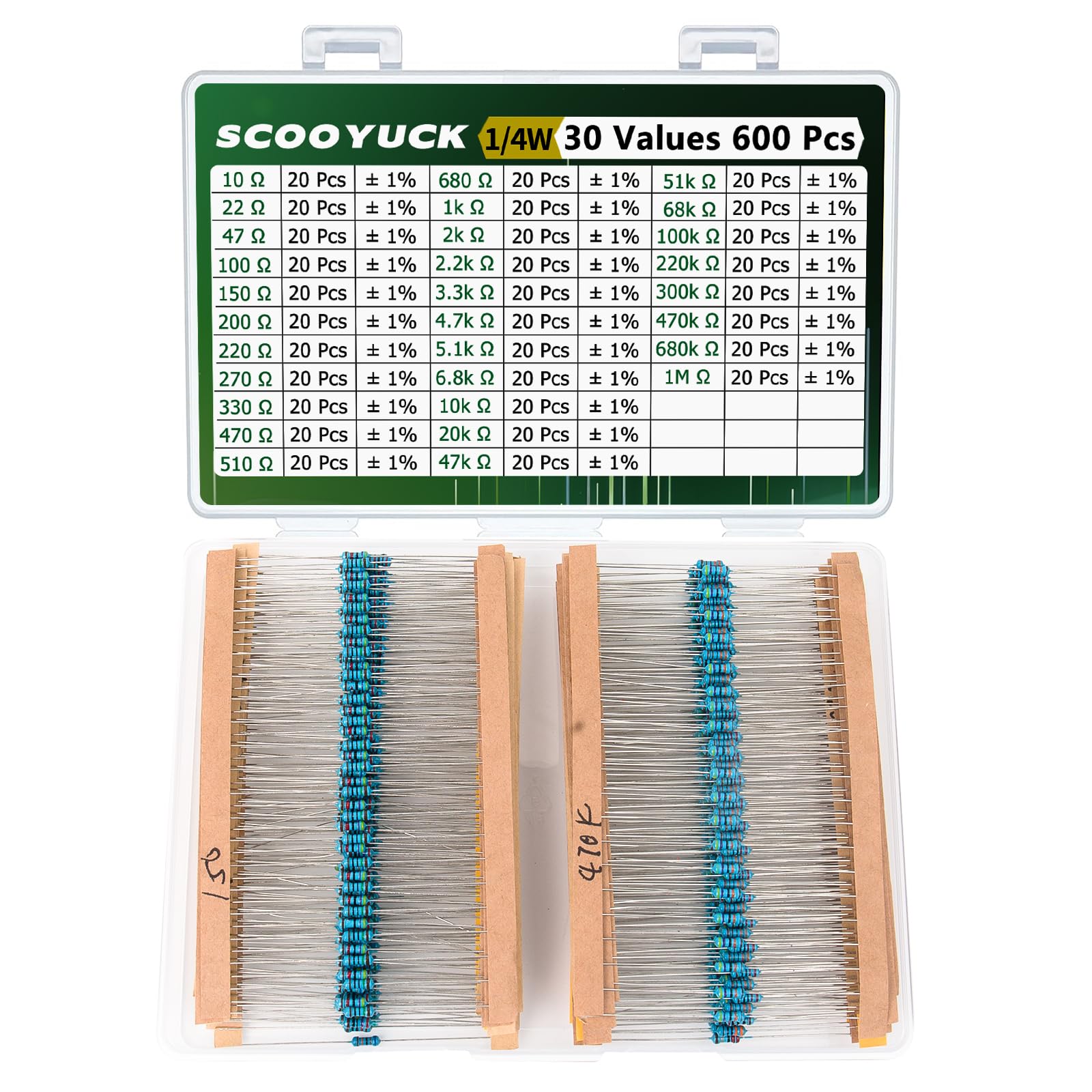 SCOOYUCK Widerstand Sortiment 1/4W 10 ohm bis 1M ohm 30 Werte 600 Stück Widerstände Kit ± 1% Toleranz Widerstand Set SCOOYUCK Widerstand Sortiment 1/4W 10 ohm bis 1M ohm 30 Werte 600 Stück Widerstände Kit ± 1% Toleranz Widerstand Set von SCOOYUCK