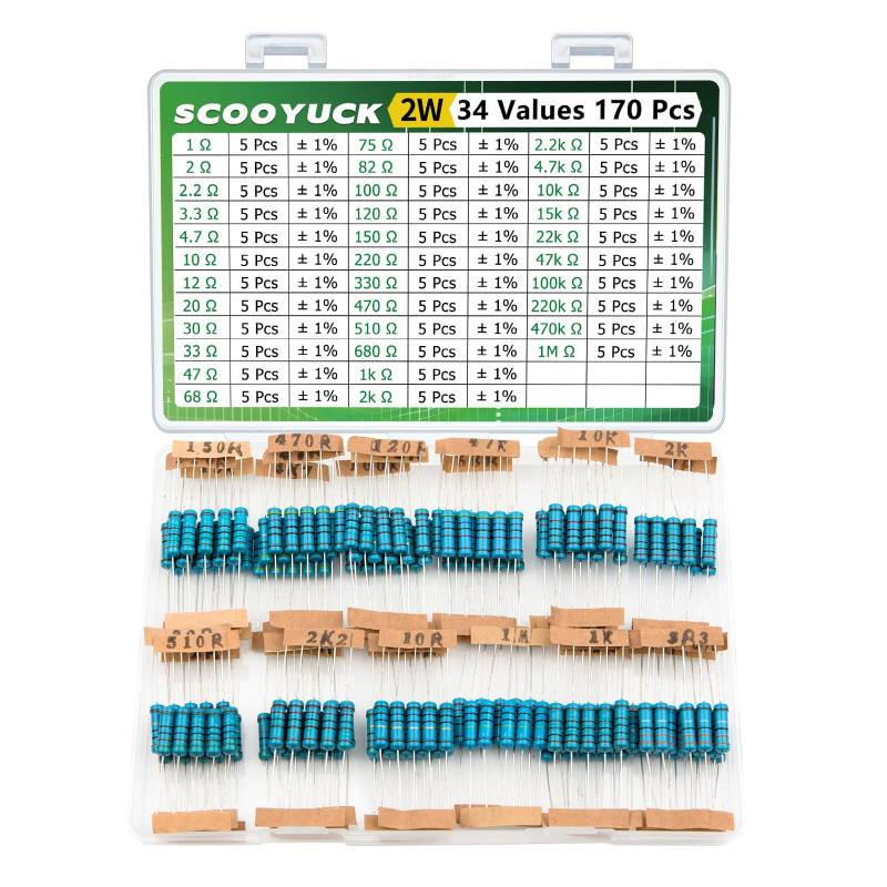 SCOOYUCK Widerstand Sortiment 2W 1 ohm bis 1M ohm 34 Werte 170 Stück Widerstände Kit ± 1% Toleranz Widerstand Set von SCOOYUCK