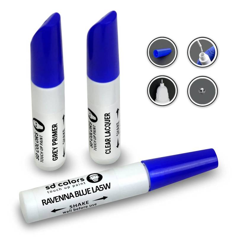 SD COLORS 12 ml Touch-Up-Farbe, Klarlack und Grundierung mit Pinsel - Ravenna Blue (LA5W) - Kompatibel mit VW/Audi - Kratzer, Chips und Lackreparatur von SD COLORS