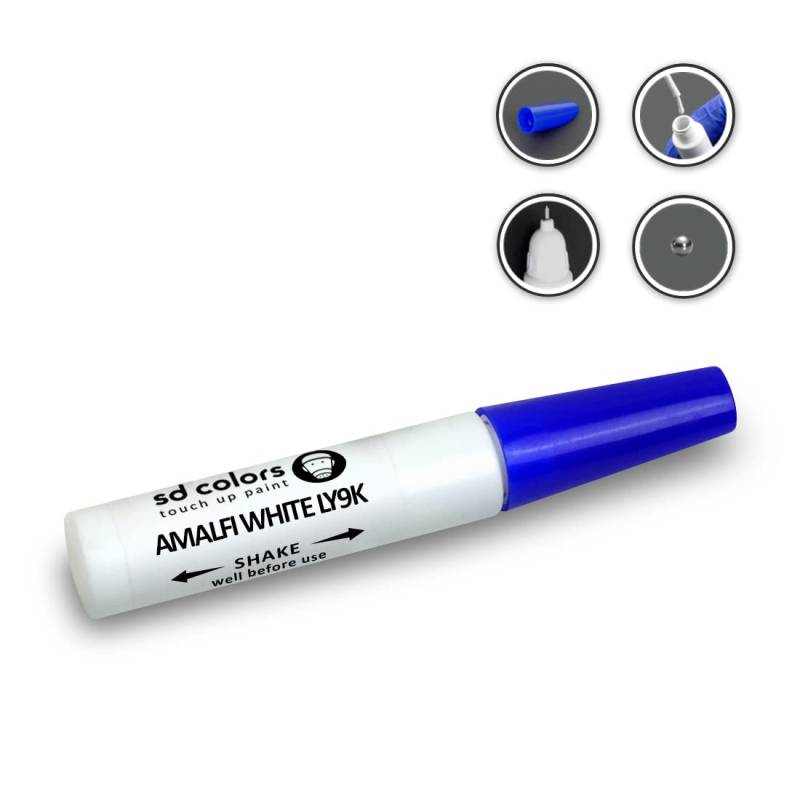 SD COLORS Amalfi White LY9K Lackstift-Reparatur-Set, 12 ml, Kratzer-Splitter-Pinsel, Farbe LY9K Amalfi-Weiß (Just Paint) von SD COLORS