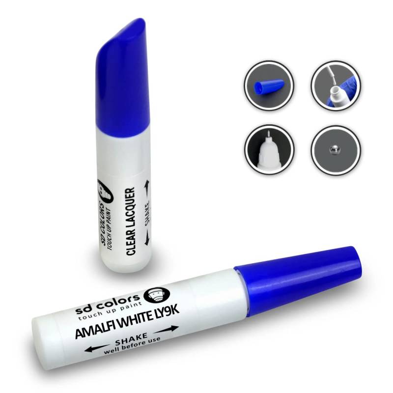 SD COLORS Amalfi White LY9K Lackstift-Reparatur-Set, 12 ml, Kratzerpinsel, Farbe LY9K Amalfi-Weiß (Lack + Lack) von SD COLORS