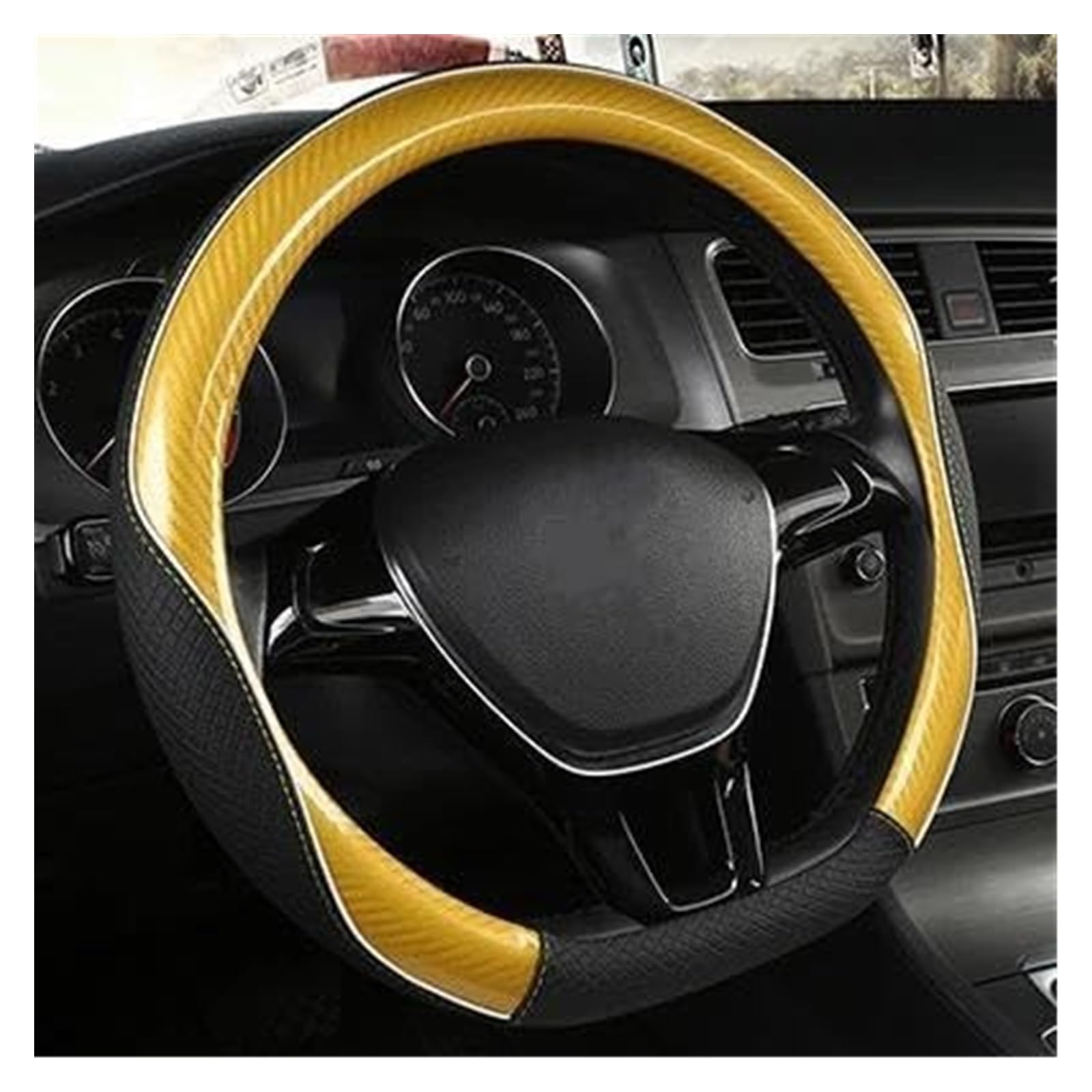 Für VW Für G&olf 7 2015 Für Polo Für JATTA Für P&assat Für T&iguan Lenkradbezüge Kohlefaser + Leder Autolenkradbezug Auto Lenkrad(Yellow D Shape) von SDHECD