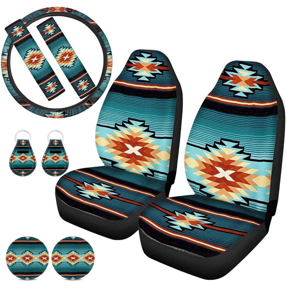 SEANATIVE Navajo Style Autositzkissen, Aztekenmuster, Universal-Lenkradbezug, Tassen-Untersetzer, Schlüsselanhänger, 9 Stück von SEANATIVE