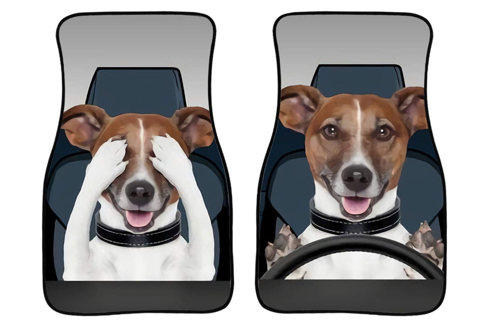 SEANATIVE Set mit 2 universellen, strapazierfähigen Allwetter-Auto-Fußmatten mit rutschfester Gummi-Rückseite, Jack Russell Terrier Driver, lustiges Design von SEANATIVE