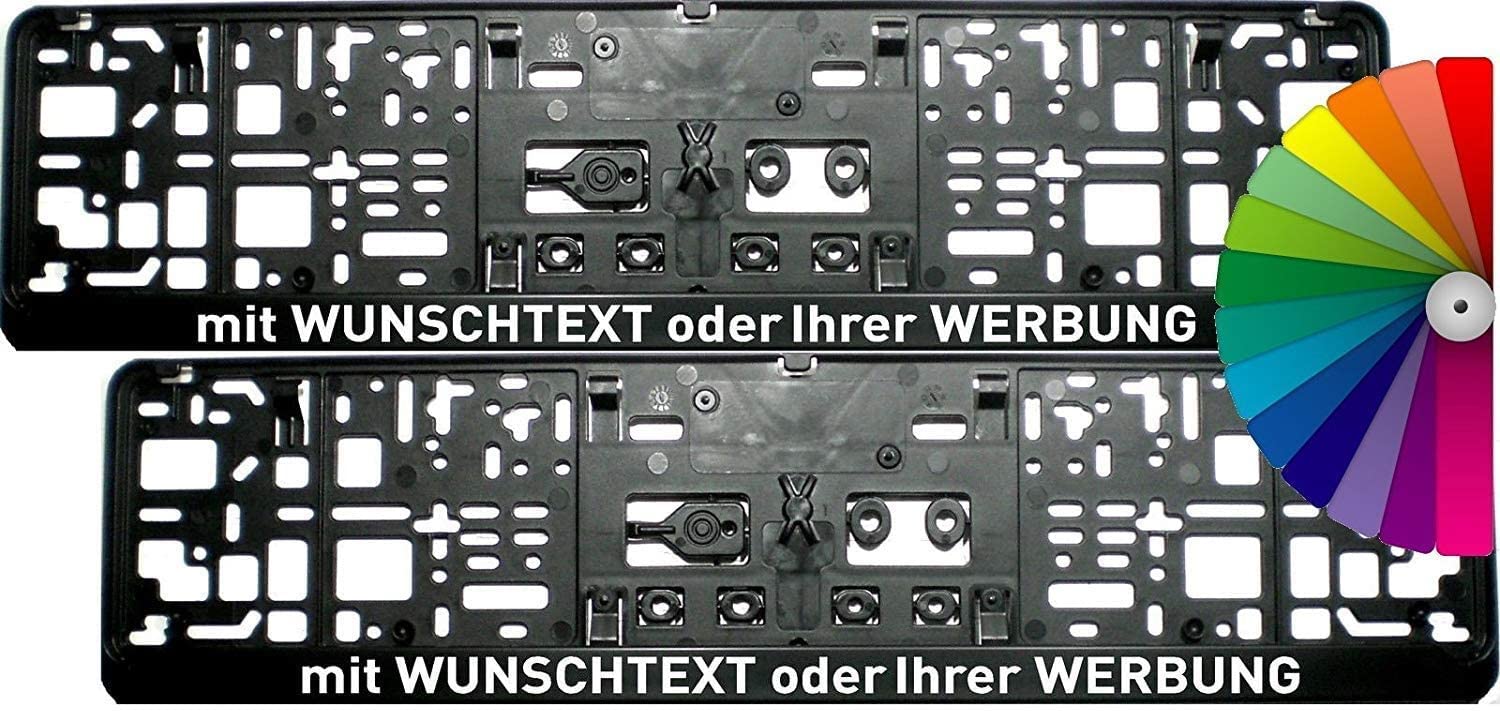 Satz (2 Stück) Kennzeichenhalter - MIT INDIVIDUELLEM WUNSCHTEXT - PREMIUMQUALITÄT - mit Abnehmbarer Klippleiste - inklusive 8 Befestigungsschrauben - Made in Germany! von SEEAS