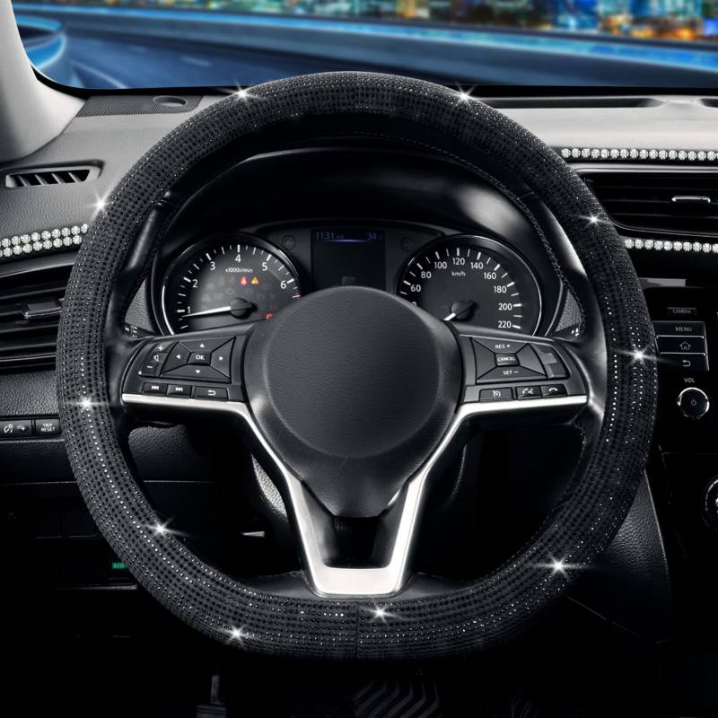 SEG Direct Auto Lenkradbezug D Typ Diamant, D-Form Lenkradhülle, D Geformt Lenkradabdeckung 37-39cm, Bling Funkelnde Strasssteine, Schwarz mit Schwarzem Diamant von SEG Direct
