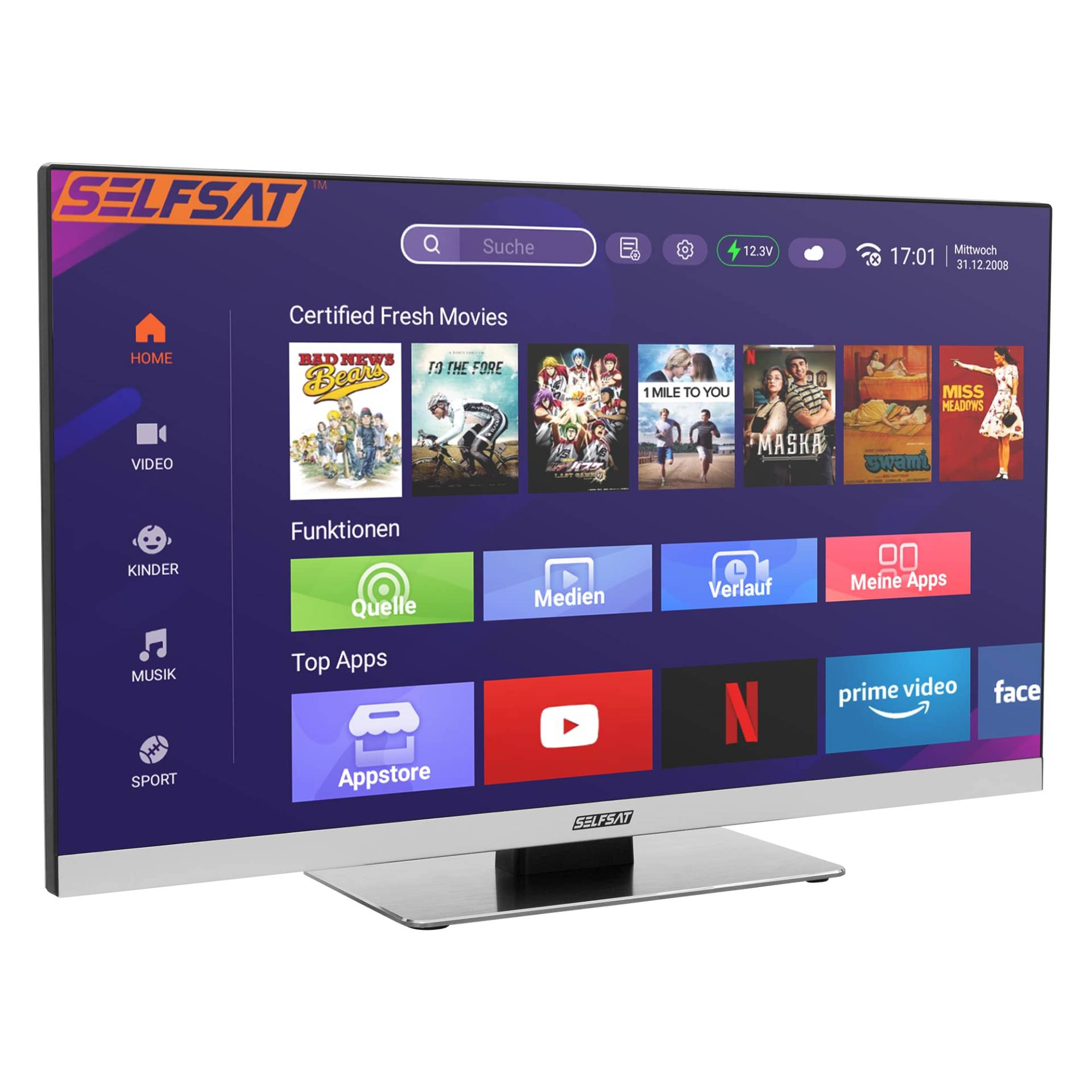 SELFSAT SMART LED TV 1255 (55cm/22) rahmenloser TV inkl. DVB-S2/C/T2 HD Tuner mit WLAN u. Bluetooth von SELFSAT