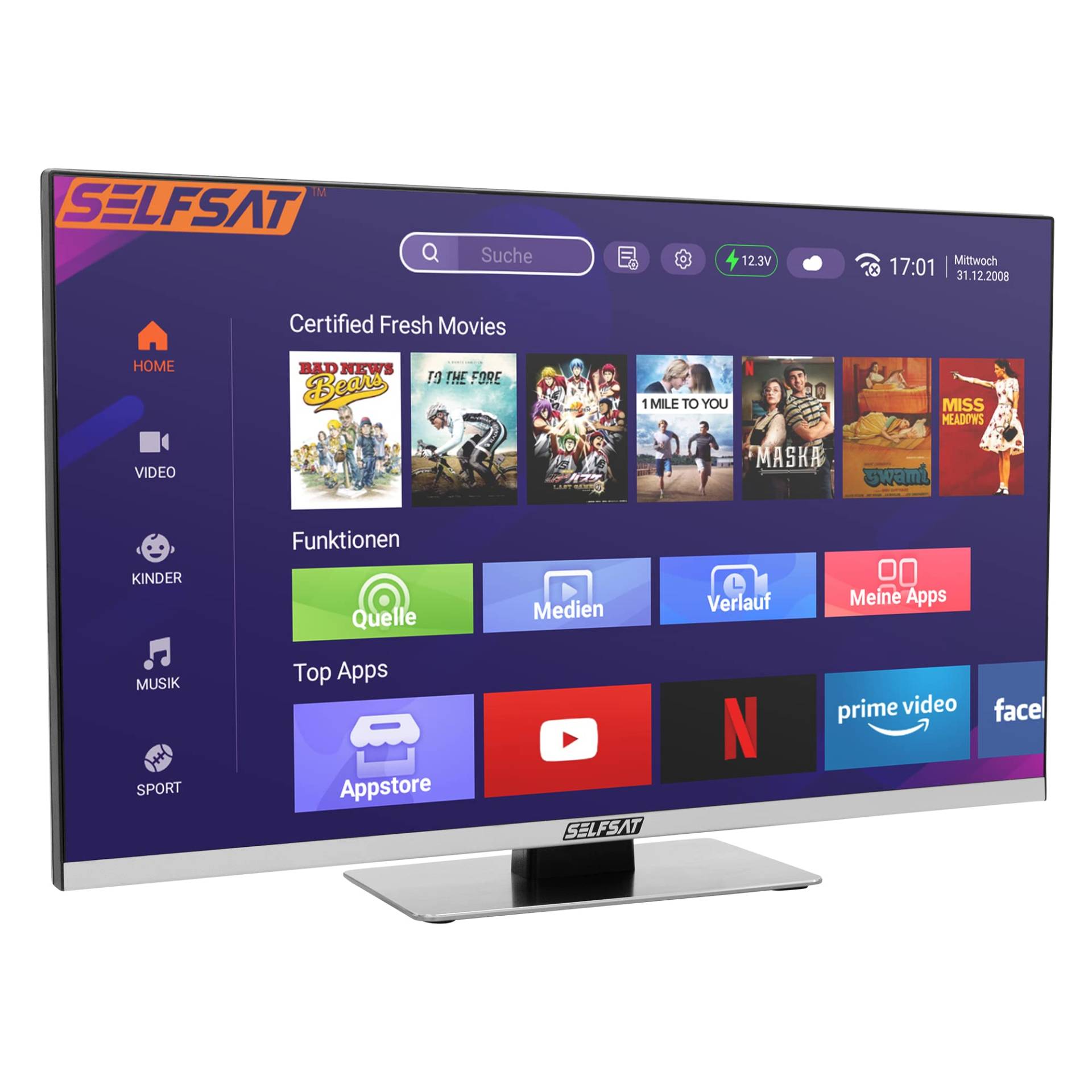 SELFSAT SMART LED TV 1260 (60cm/24) rahmenloser TV inkl. DVB-S2/C/T2 HD Tuner mit WLAN u. Bluetooth von SELFSAT