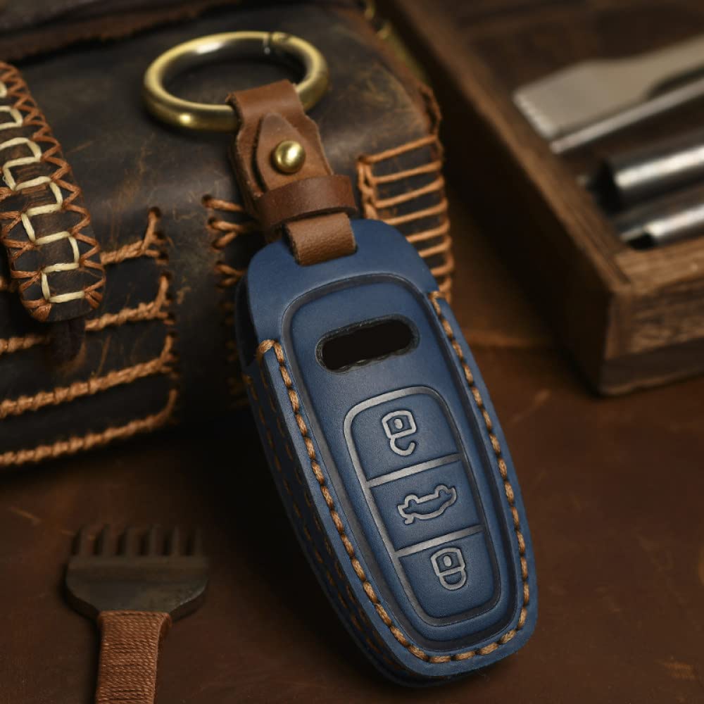 SELIYA 3-Knopf-Autoschlüsselhülle aus Leder, Schutztasche, passend für Audi A8 C8 A7 A6 Q8 2018 2019 2020,Blau von SELIYA