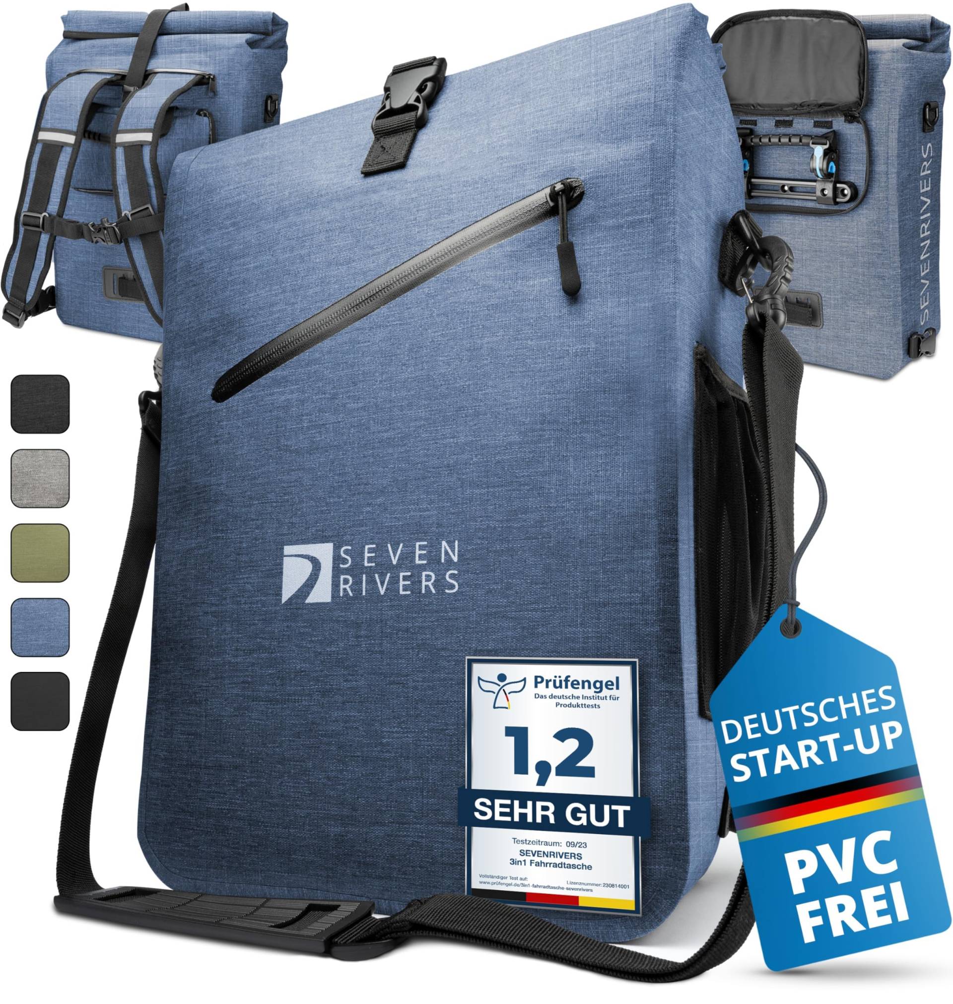 SEVENRIVERS 3 in 1 Fahrradtasche - Rucksack, Gepäckträgertasche & Umhängetasche in einem - Wasserdicht & PVC frei - inkl. Laptop-Tasche (24L) (Jeans-blau) von SEVENRIVERS
