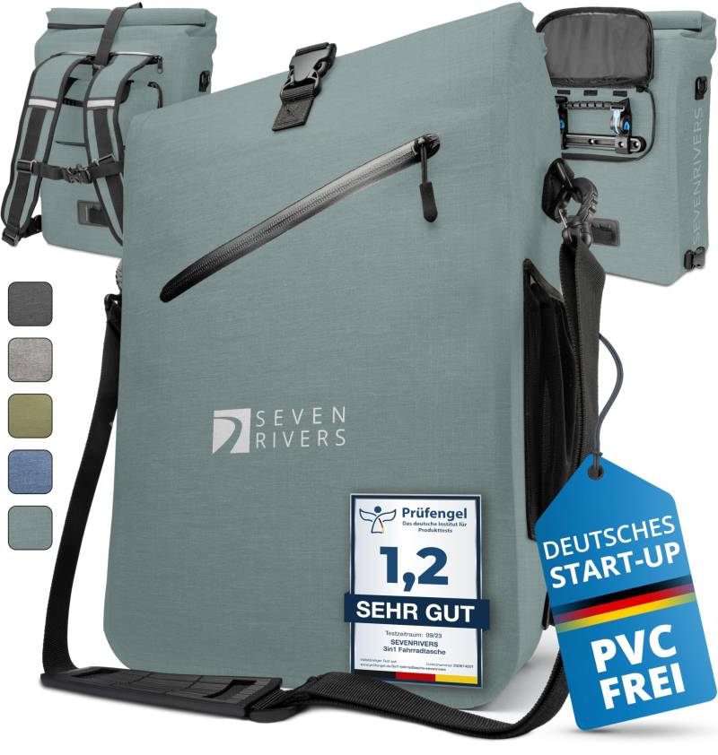 SEVENRIVERS 3 in 1 Fahrradtasche - Rucksack, Gepäckträgertasche & Umhängetasche in einem - Wasserdicht & PVC frei - inkl. Laptop-Tasche (24L) (Mint) von SEVENRIVERS