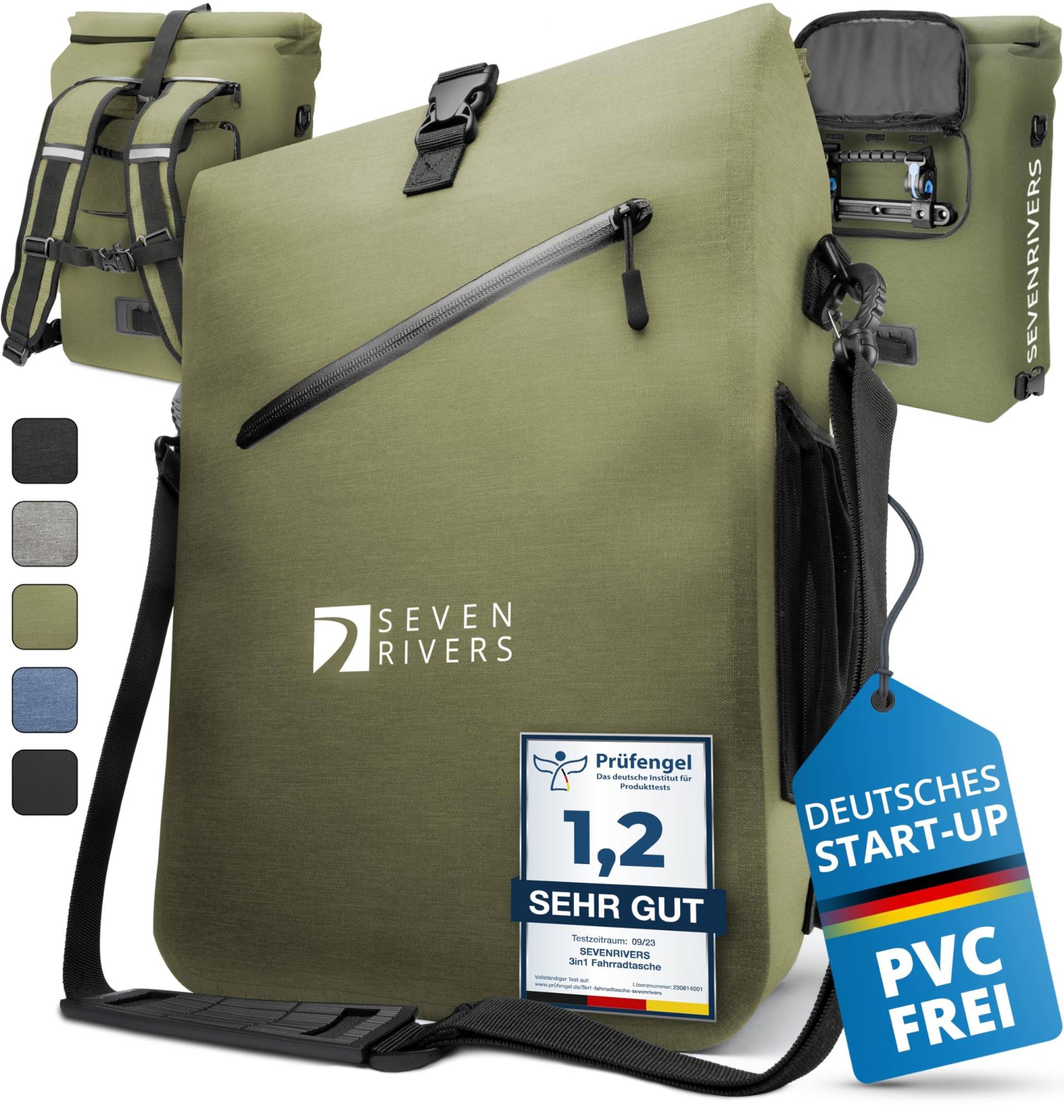 SEVENRIVERS 3 in 1 Fahrradtasche - Rucksack, Gepäckträgertasche & Umhängetasche in einem - Wasserdicht & PVC frei - inkl. Laptop-Tasche (24L) (olivgrün) von SEVENRIVERS