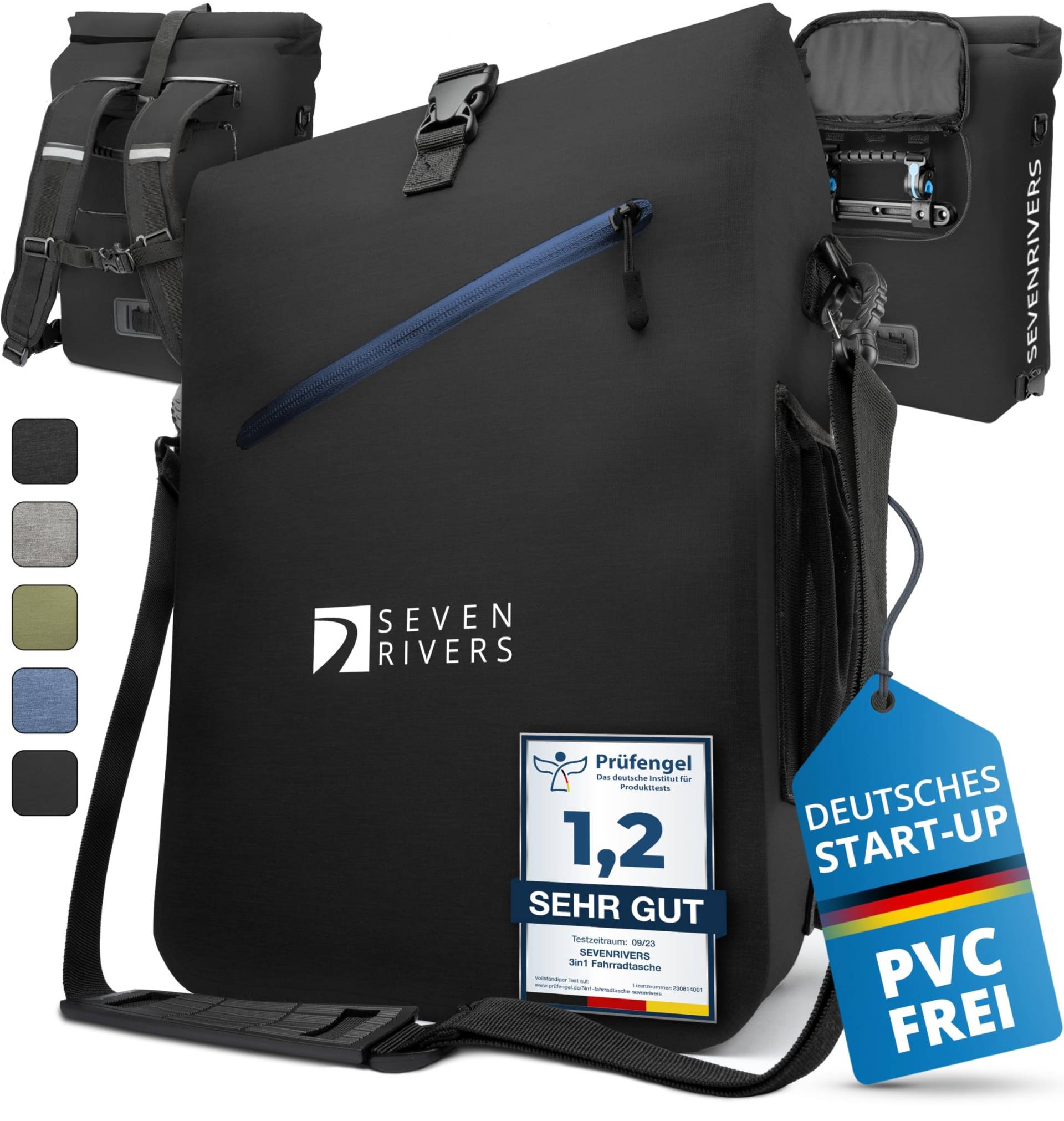 SEVENRIVERS 3 in 1 Fahrradtasche - Rucksack, Gepäckträgertasche & Umhängetasche in einem - Wasserdicht & PVC frei - inkl. Laptop-Tasche (24L) (schwarz) von SEVENRIVERS