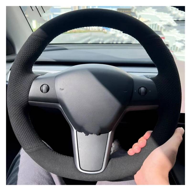 Lenkradschutz DIY Bequeme Auto-Lenkradabdeckung aus Wildleder für Tesla für Model 3 2015-2021 für Model Y 2019-2021 Auto-Innenausstattung Lenkrad Abdeckung(Weiss) von SFGOFJGO
