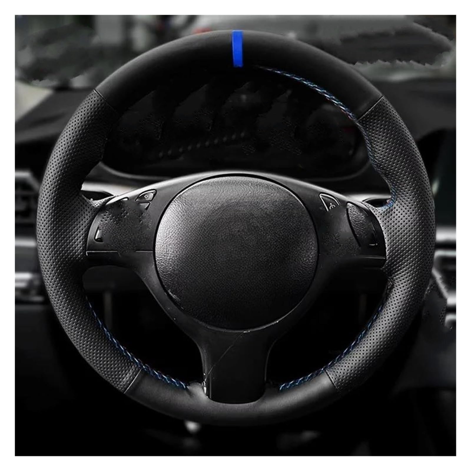 Lenkradschutz Handgeflochtene Autolenkradabdeckung Für 3er 5er E46 E39 Für M3 Für M5 Schwarzes Perforiertes Leder Rote Blaue Linie Blauer Streifen Lenkrad Abdeckung(Schwarz) von SFGOFJGO