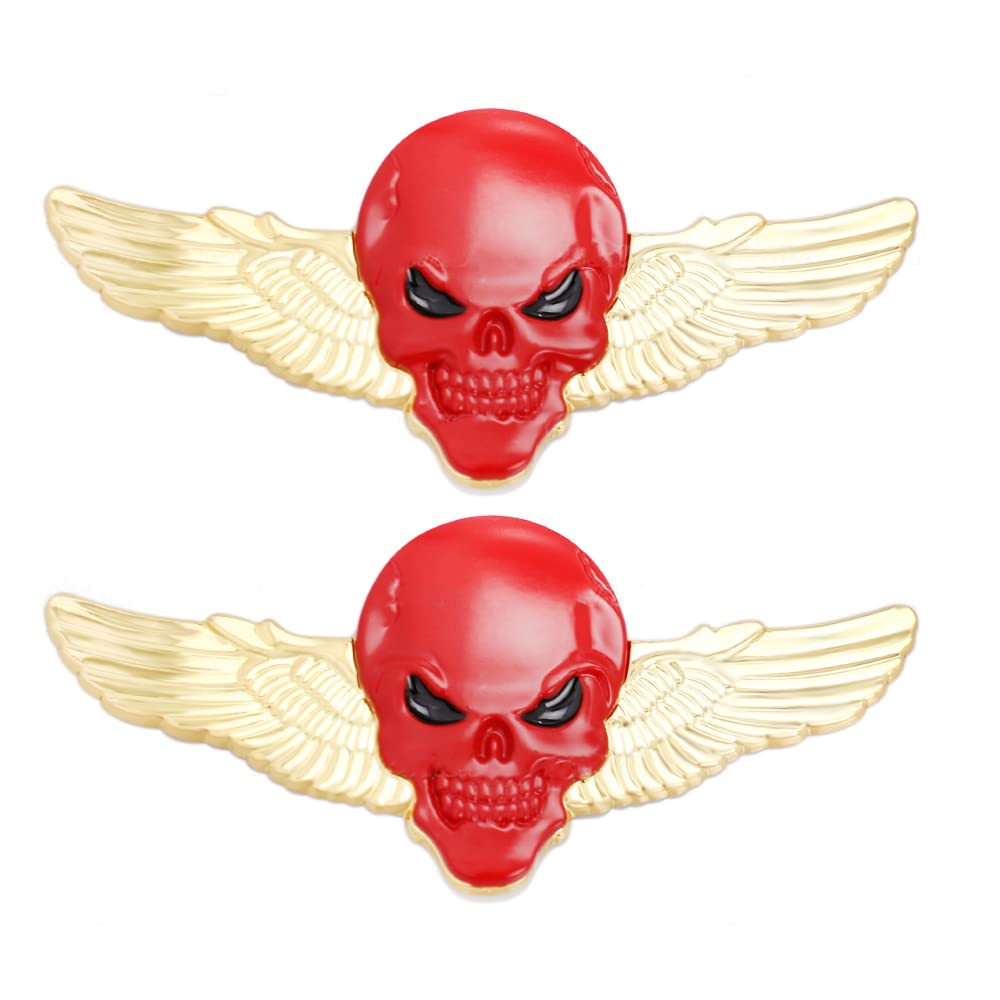 2 Stück Flügel Totenkopf Emblem Aufkleber Beschriftung Metallmaterial regenfest anwendbar auf Auto Pickup LKW Kofferraum (groß, goldfarben, rot) von SGW