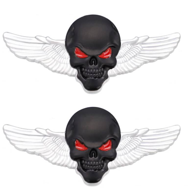2x Schädel Emblem Flügel Totenkopf Emblem Aufkleber Beschriftung Metallmaterial Regenfest anwendbar auf Auto Pickup LKW Kofferraum (groß, silberfarben, schwarz) von Jlwiy