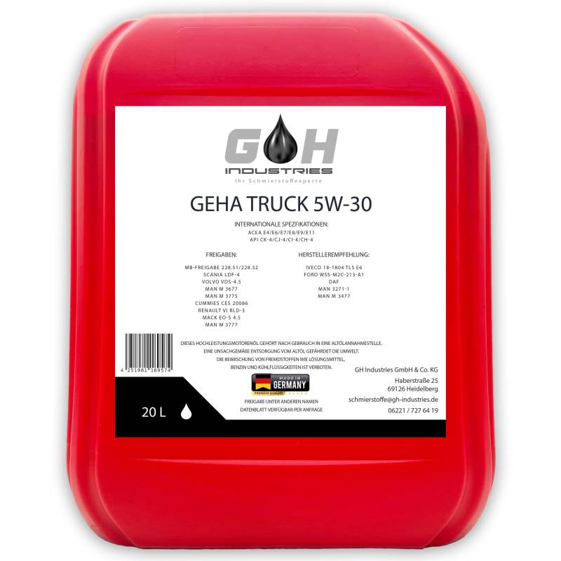 20 L GEHA Truck 5W-30 | MB 228.51 | MB 228.52 | verschiedene weitere Freigaben siehe Artikelbeschreibung | LKW Motorenöl | Bus Motoröl | von SGplusMH